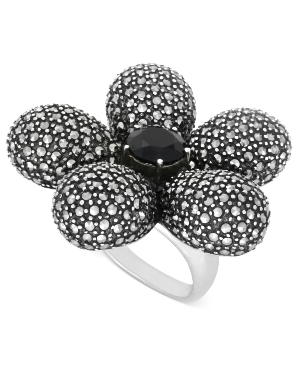 Silver Ring, Onyx (2 9/10 ct. t.w.) and Marcasite Large Flower Ring