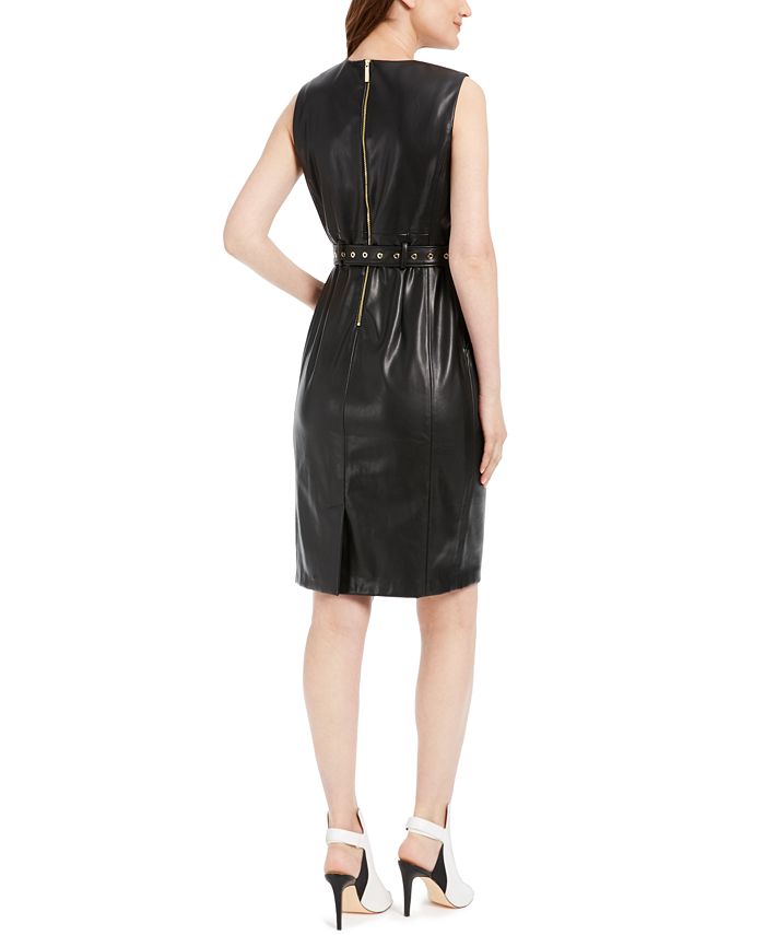 Calvin Klein Belted Faux-Leather Sheath Dress & Reviews - Dresses ...