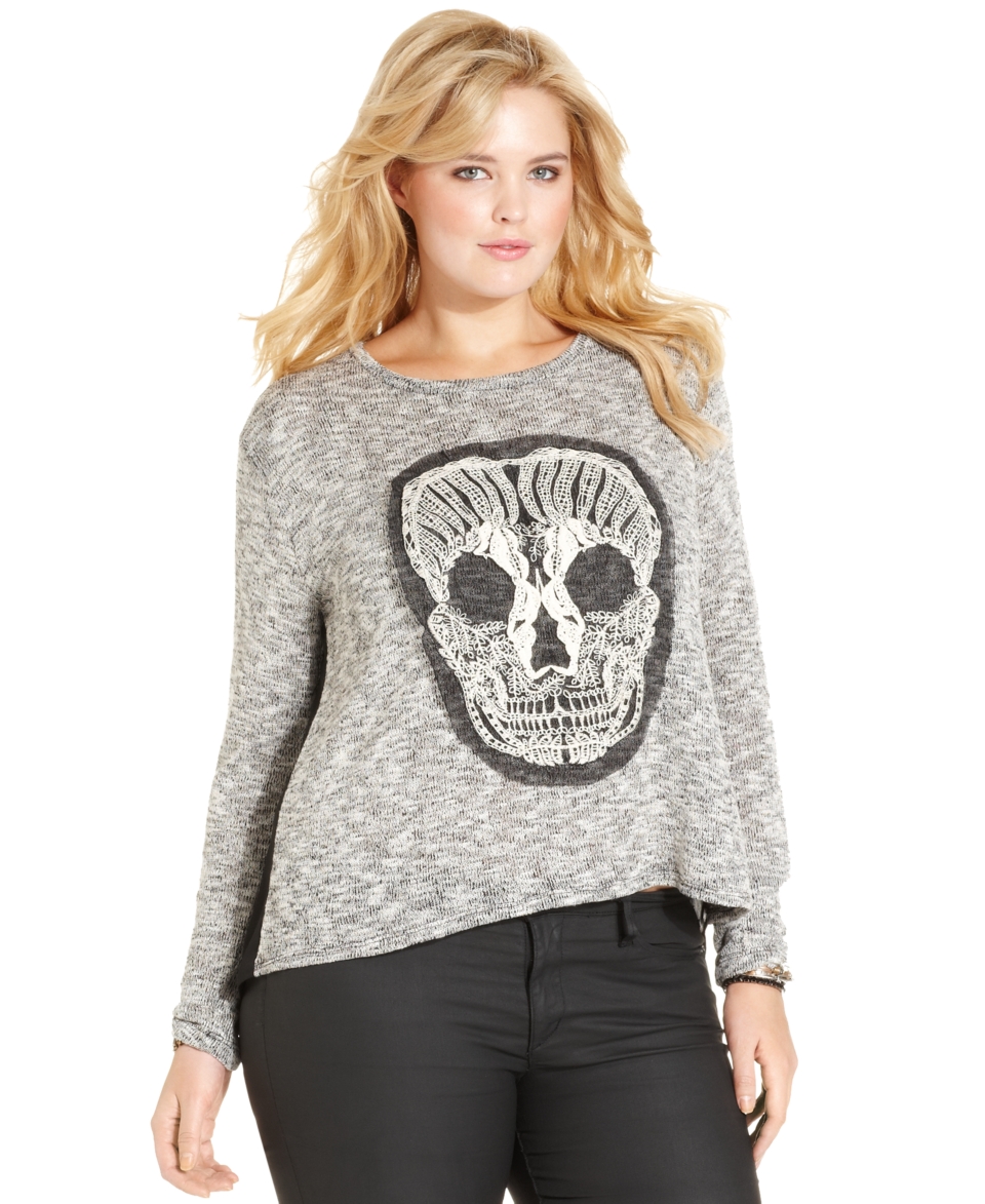 ING Plus Size Sweater, Long Sleeve Skull Sheer Split Back   Plus Size