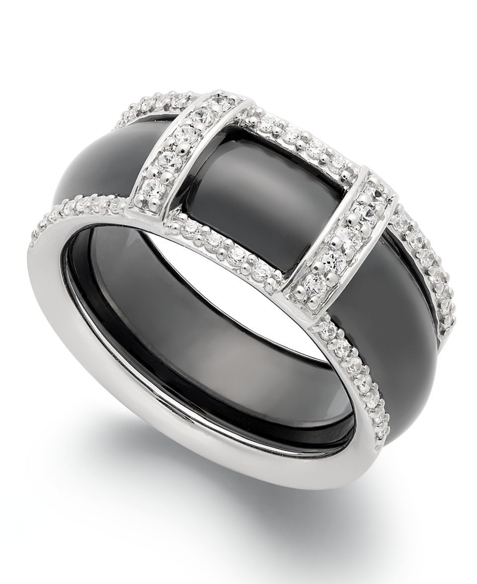 Sterling Silver and Black Ceramic Ring, Diamond Accent Oval Ring   Rings   Jewelry & Watches