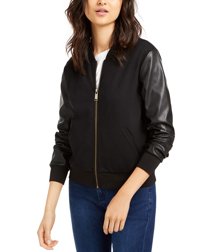 Michael Kors Faux-Leather-Sleeve Bomber Jacket & Reviews - Jackets ...