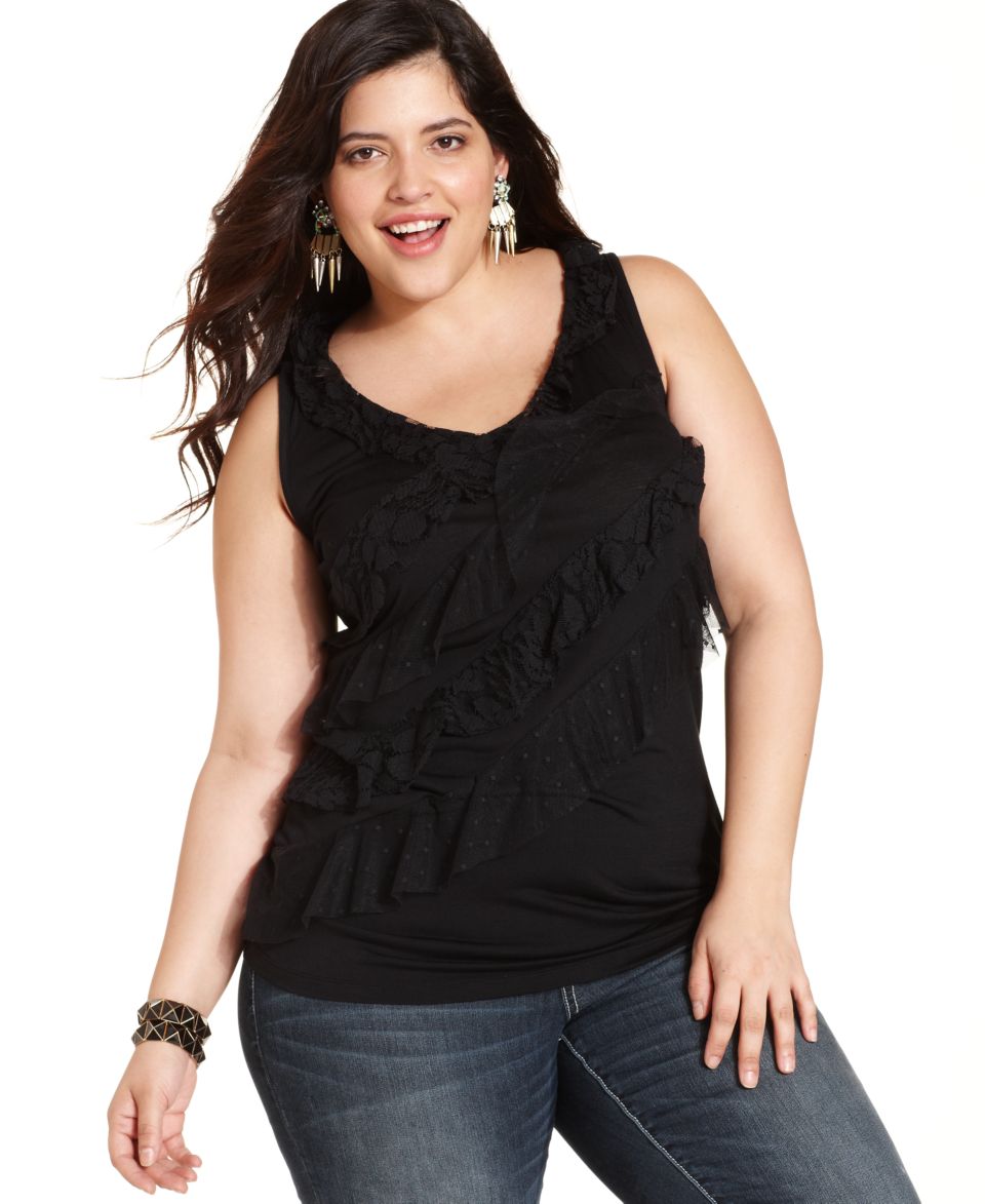 Eyeshadow Plus Size Top, Sleeveless Ruffled Lace   Plus Size Tops