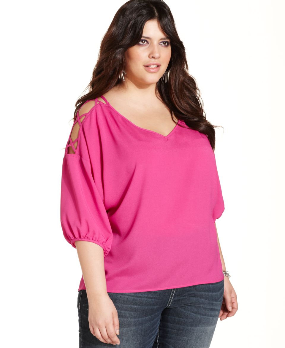 Eyeshadow Plus Size Top, Three Quarter Sleeve Lace Henley   Plus Size