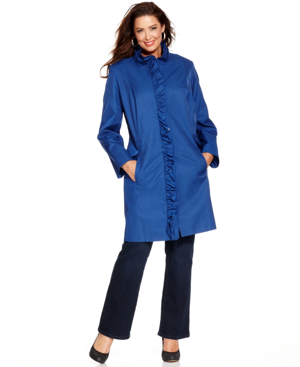 DKNY Plus Size Coat, Ruffle Trim Walker Raincoat   Womens Coats   