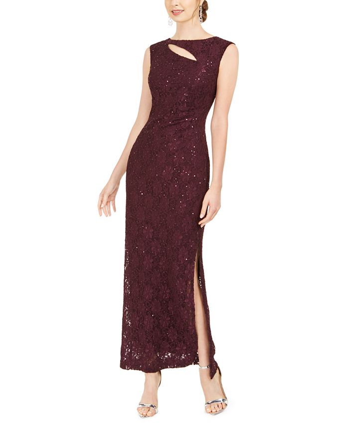 sequined lace gown with sheer inserts