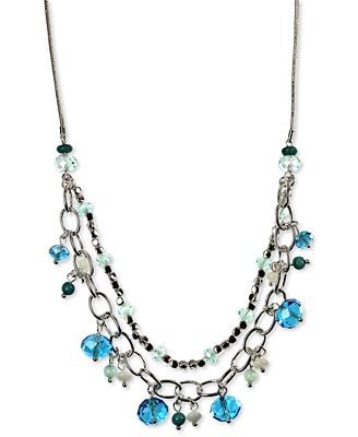 Nine West Necklace, Silver-Tone Shaky Turquoise Bead Two-Row Necklace ...