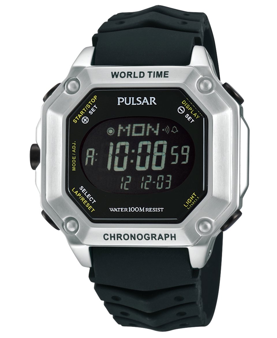 Pulsar Watch, Mens Digital Black Polyurethane Strap 44mm PW3001   Watches   Jewelry & Watches