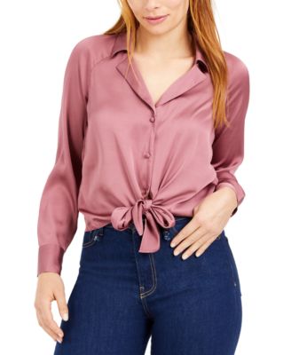 pink satin tie front top