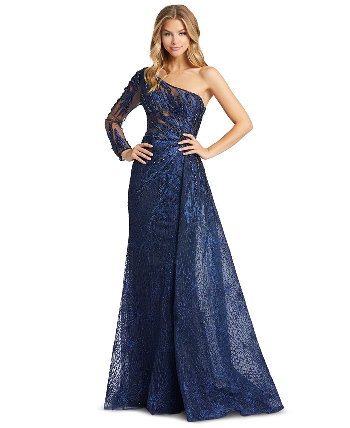 mac duggal one shoulder jersey sheath gown