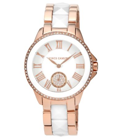 Vince Camuto Watch, Women's White Ceramic Pyramid Stud and Rose Gold ...