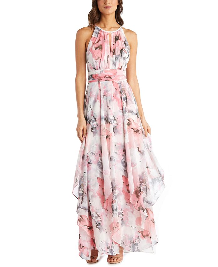 r & m richards metallic knit keyhole halter gown