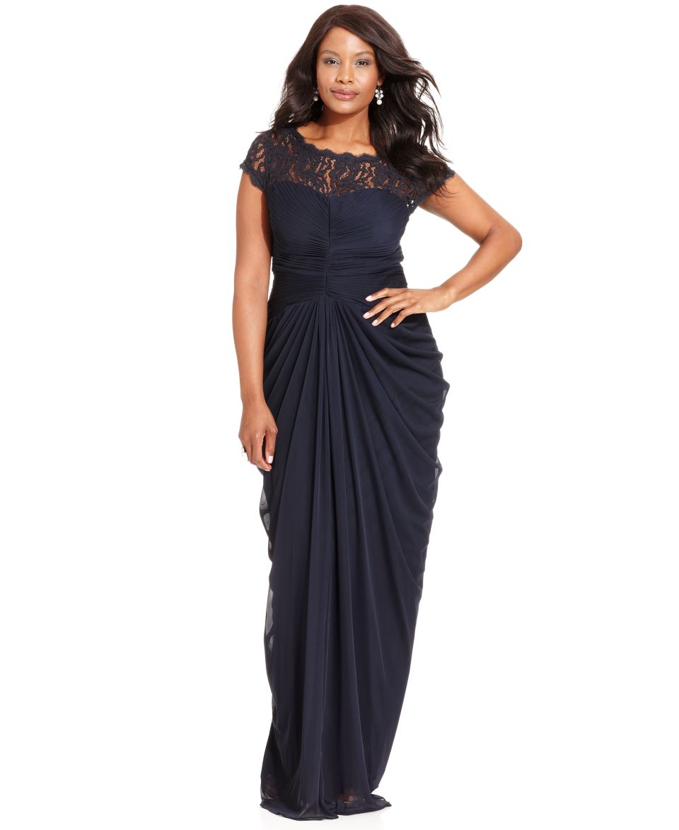 Adrianna Papell Plus Size Dress, Short Sleeve Illusion Lace Pleat Gown   Dresses   Plus Sizes