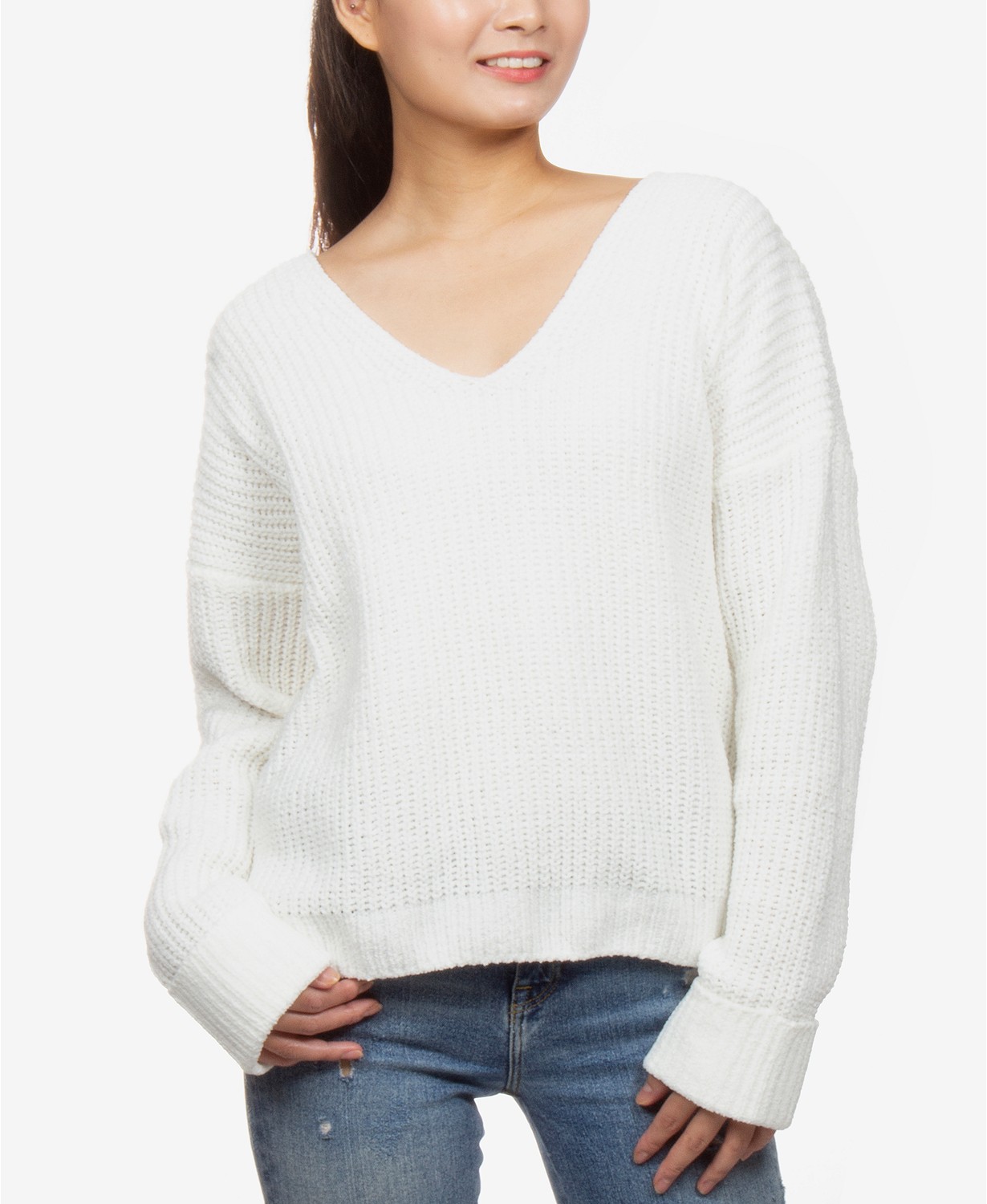 Juniors' V-Neck Chenille Sweater
