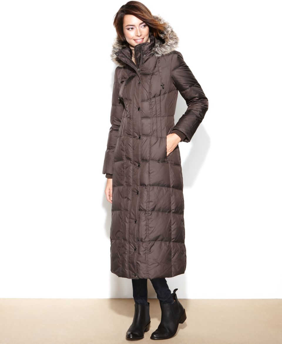 London Fog Hooded Faux Fur Trim Maxi Puffer Coat   Coats   Women