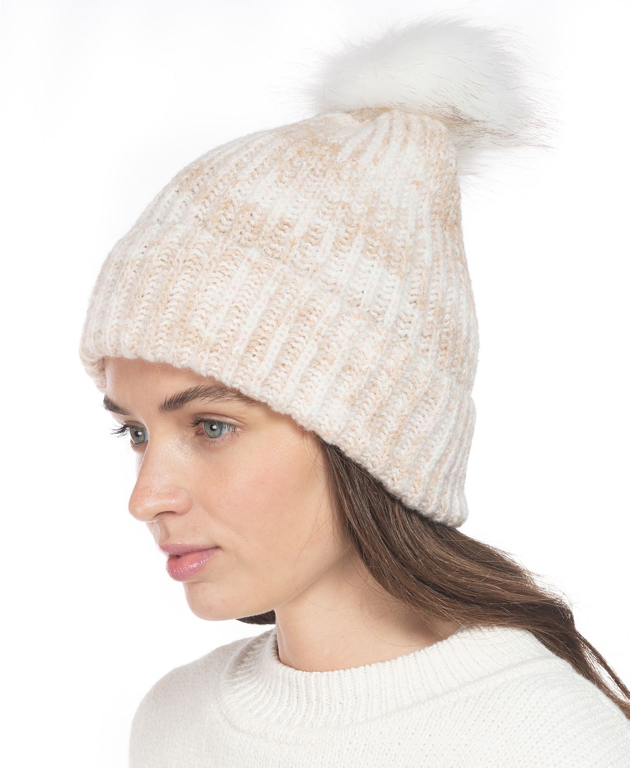 Rib Marled Beanie Hat With Faux-Fur Pom  $4.80