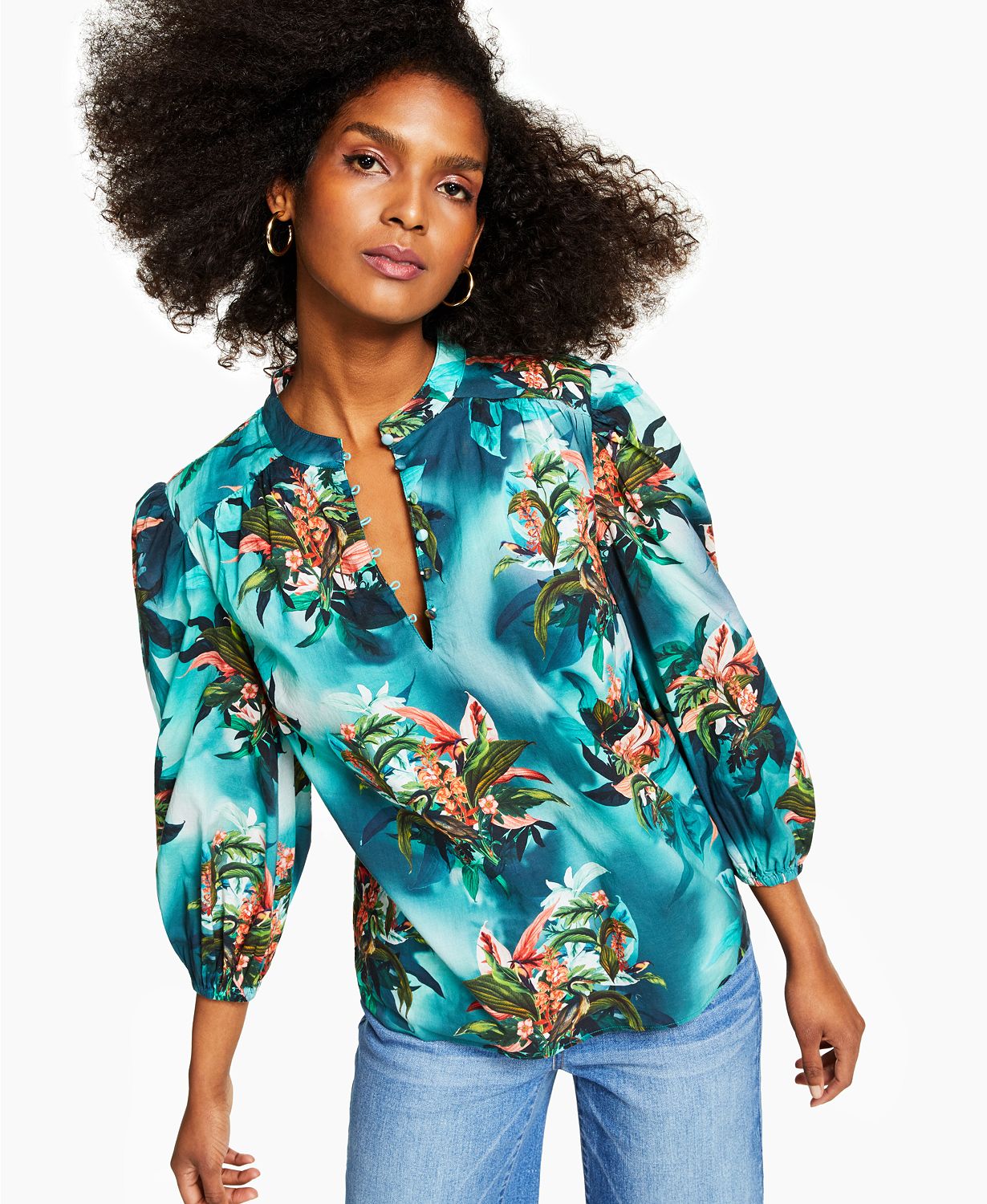 INC Tropical-Print Balloon-Sleeve Blouse