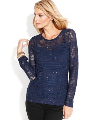 INC International Concepts Open-Knit Striped Sequin Sweater - Sweaters ...