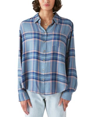 Lucky Brand Women's Plaid Button-Down Boyfriend Shirt smoke blue plaid