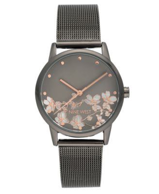Женские кварцевые часы Nine West с темно-серым ремешком из нержавеющей стали и цветочным узором, 35 мм