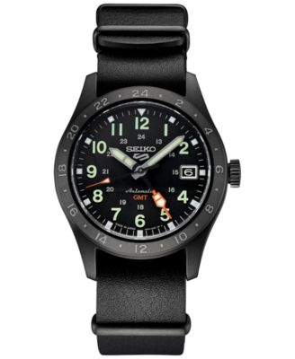 Мужские часы Seiko с автоподзаводом 5 спортивных часов GMT на черном кожаном ремешке 39 мм