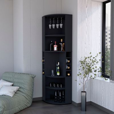 Угловой барный шкаф FM FURNITURE Clifton с 5 полками, вешалкой для чашек и восемью встроенными стеллажами для вина черного цвета