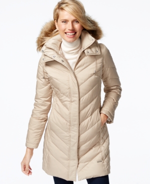 Kenneth Cole Faux-Fur-Trim Chevron Quilted Down Coat