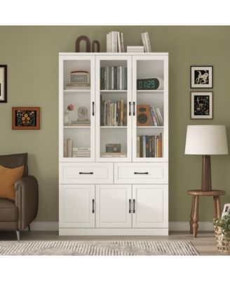 Стандартный книжный шкаф FAMAPY из белого дерева с 8 полками и выдвижными ящиками