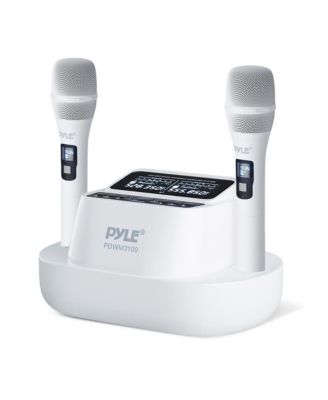 Беспроводная микрофонная система Pyle UHF, 2 портативных микрофона с USB-подзарядкой, Фиксированная частота белого цвета