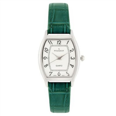 Женские часы Peugeot в форме подушки размером 26 x 32 мм с зеленым кожаным ремешком
