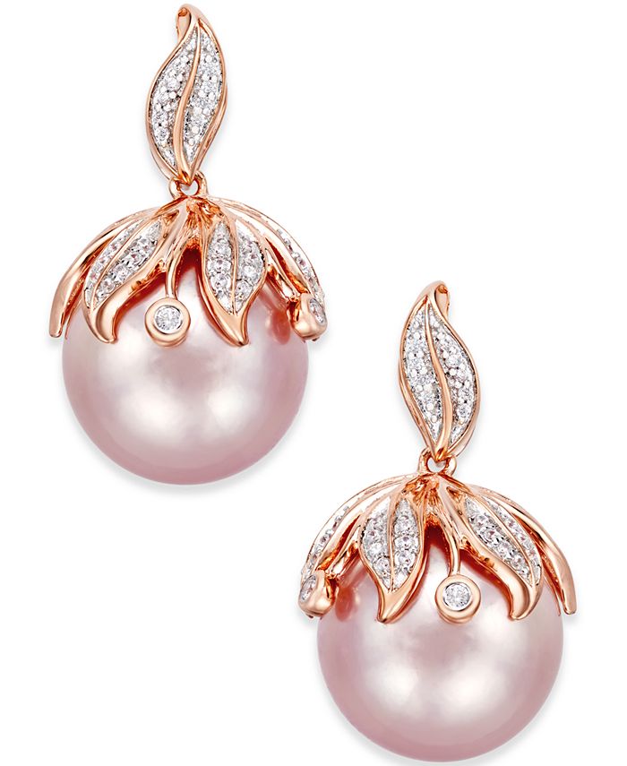 Macy's Pink Windsor Pearl (13mm) and Diamond Accent Earrings in 14k ...