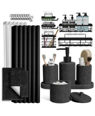 Hearth & Harbour - Полный комплект декора и аксессуаров для ванной комнаты из полирезины с текстурой мешковины, включая занавеску для душа, набор для хранения посуды и коврики для ванной