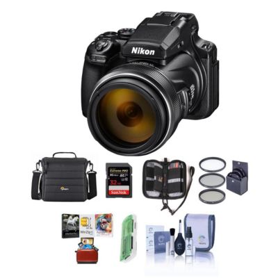 Nikon Цифровая фотокамера Nikon COOLPIX P1100 Point & Shoot (черная), Комплект поставки: Чехол для фотокамеры + SD-карта емкостью 32 ГБ + Набор фильтров диаметром 77 мм + Набор для чистки + Карта черного цвета