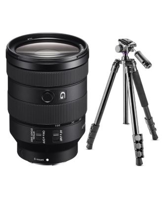 Объектив Sony FE 24-105mm f/4 G OSS для Sony E, в комплекте с трехсекционным алюминиевым штативом для видеосъемки Takama с жидкой головкой черного цвета