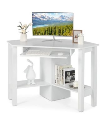 Деревянный рабочий компьютерный угловой стол с подставкой для клавиатуры белого цвета