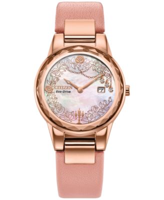 Citizen Eco-Drive Женские часы Disney Eternal Beauty Belle Pink с кожаным ремешком, 30 мм, в коробке, розовые