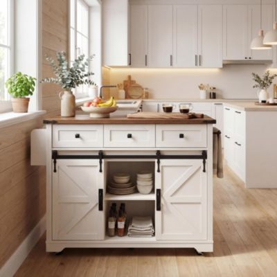 Кухонная тележка на колесиках sumyeg 53.7" с амбарными дверцами, откидной створкой, розеткой и подставкой для специй (без табуреток)