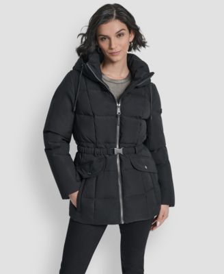 Женское пуховое пальто DKNY с поясом и капюшоном, черное
