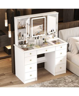 Туалетный столик HOMSEE со стеклянной столешницей, 9 выдвижными ящиками и 3 зеркалами, Туалетный столик, Скрытые полки для хранения, Светодиодная подсветка