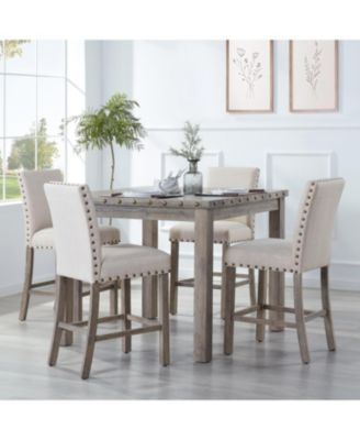 Обеденный стол Morden Fort в деревенском стиле высотой с прилавок, рассчитанный на 4 персоны, в фермерском доме, состоит из 5 табуретов с льняной обивкой, Обеденный набор с вставками в виде гвоздей коричнево-бежевого цвета