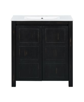 Туалетный столик CASAINC 30" Из массива дерева и МДФ с керамической раковиной, плавно закрывающимися дверцами и регулируемой полкой для хранения коричневого цвета