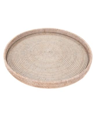 Торговая компания Artifacts Artifacts Круглый сервировочный поднос-пуфик из ротанга со стеклянной вставкой белого цвета
