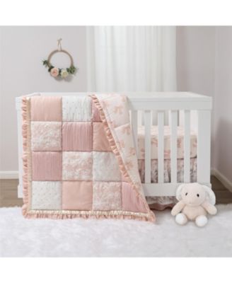 Комплект постельного белья для детской кроватки с арахисовой скорлупой из 3 предметов для девочек - Хлопковая простыня в обтяжку, многослойная оборка от пыли, стеганое одеяло, Розовое, золотое, в цветочек - Grace