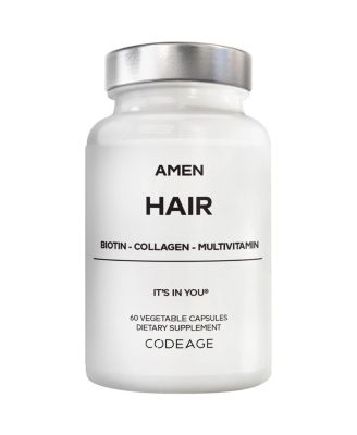 Витамины для волос Codeage Amen - 10 000 мкг биотина, Коллагеновый порошок, витамины С, D3 и Е, Пантотеновая кислота, цинк, гиалуроновая кислота, инозитол, 60 капсул белого цвета