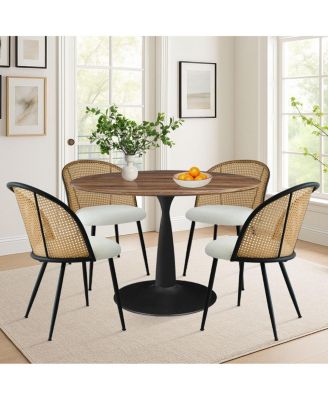 Круглый обеденный стол Maison Boucle из 5 предметов со спинками из искусственного ротанга, столешницей из МДФ орехового дерева и металлическим основанием, Небольшой кухонный столовый набор на 4 персоны