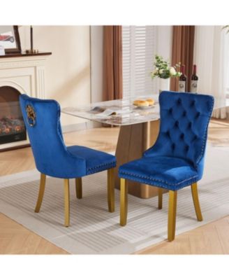 Обеденные стулья Streamdale Furniture середины века из ворсистого бархата, кольцо в виде львиной головы, Золотые ножки, Синий, 2 шт