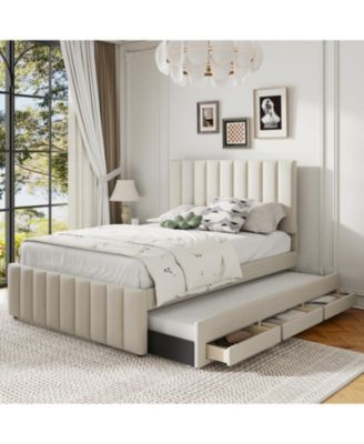 Полноразмерная мягкая кровать-платформа Streamdale Furniture с двумя односпальными кроватями и 3 выдвижными ящиками, Льняная ткань, бежево-коричневый/бежевый
