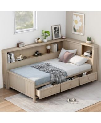 Двухразмерная деревянная кушетка Streamdale Furniture с полками для хранения вещей и 3 выдвижными ящиками, антикварная