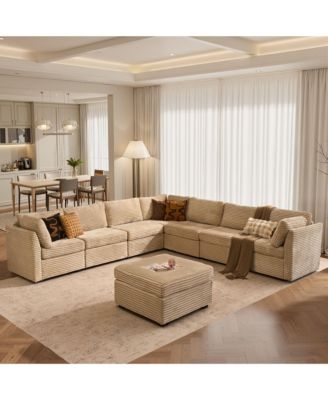 Модульный секционный диван XIZZI, 8-штучный L-образный диван с глубоким сиденьем Cloud с пуфиком-шезлонгом, Удобные вельветовые модульные диваны для гостиной