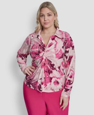 Топ с воротником и длинными рукавами DKNY Plus Size розового цвета