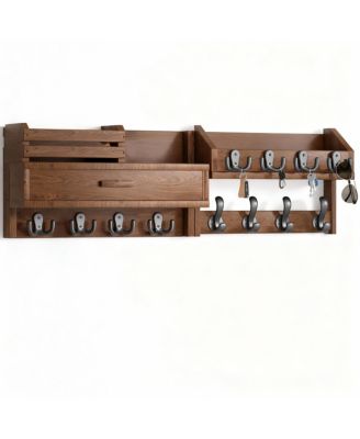 Настенный органайзер YIGII из массива дерева 6-в-1 с 12 крючками, выдвижным ящиком и полкой для прихожей